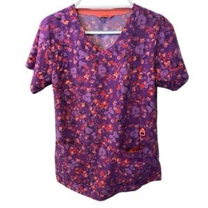 Carhartt Women's Top scrubs Floral Field Violet Pattern with Pockets Small